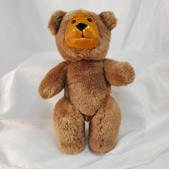 Vintage FTD Wood Face Teddy Bear Brown Plush Jointed Arms and Legs 9.5 inches - Picture 8 of 8